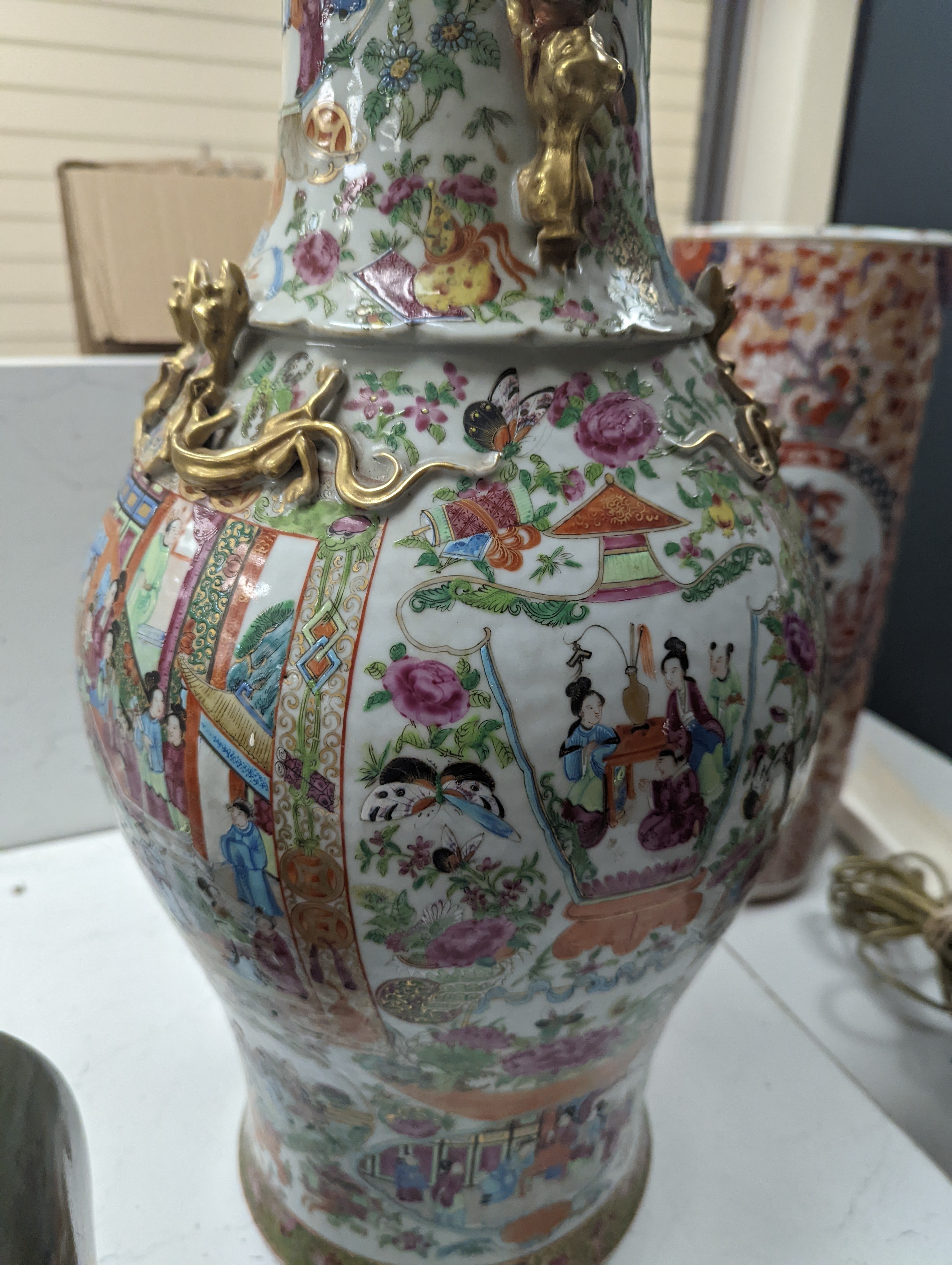 A large Chinese Canton decorated famille rose vase, 19th century, 59cm
